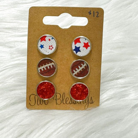 Two Blessings Earrings - 3pk - Football/Red & Blue