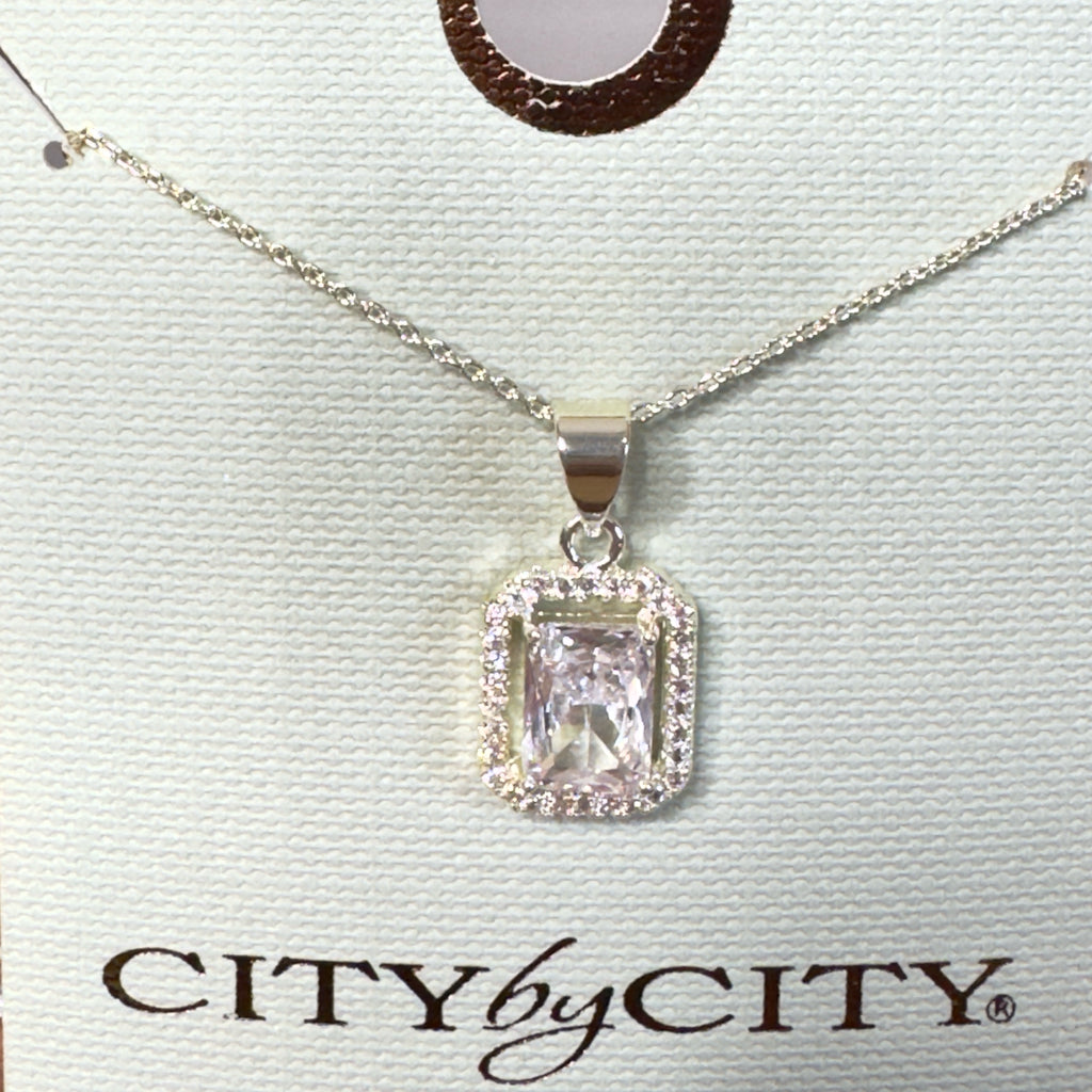 City by City Emerald Cut Cubic Zirconia Halo Pendant Necklace