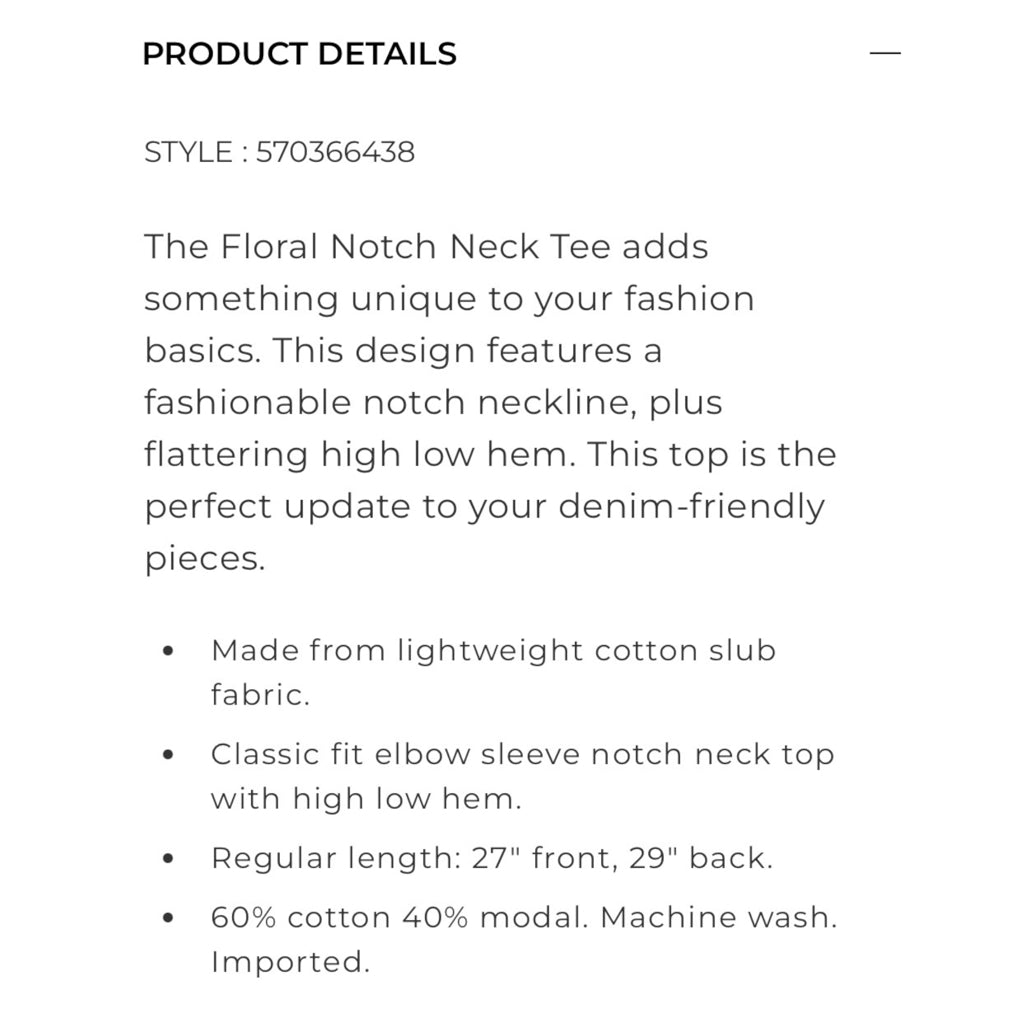 Chico's Floral Notch Neck Tee - Size Large