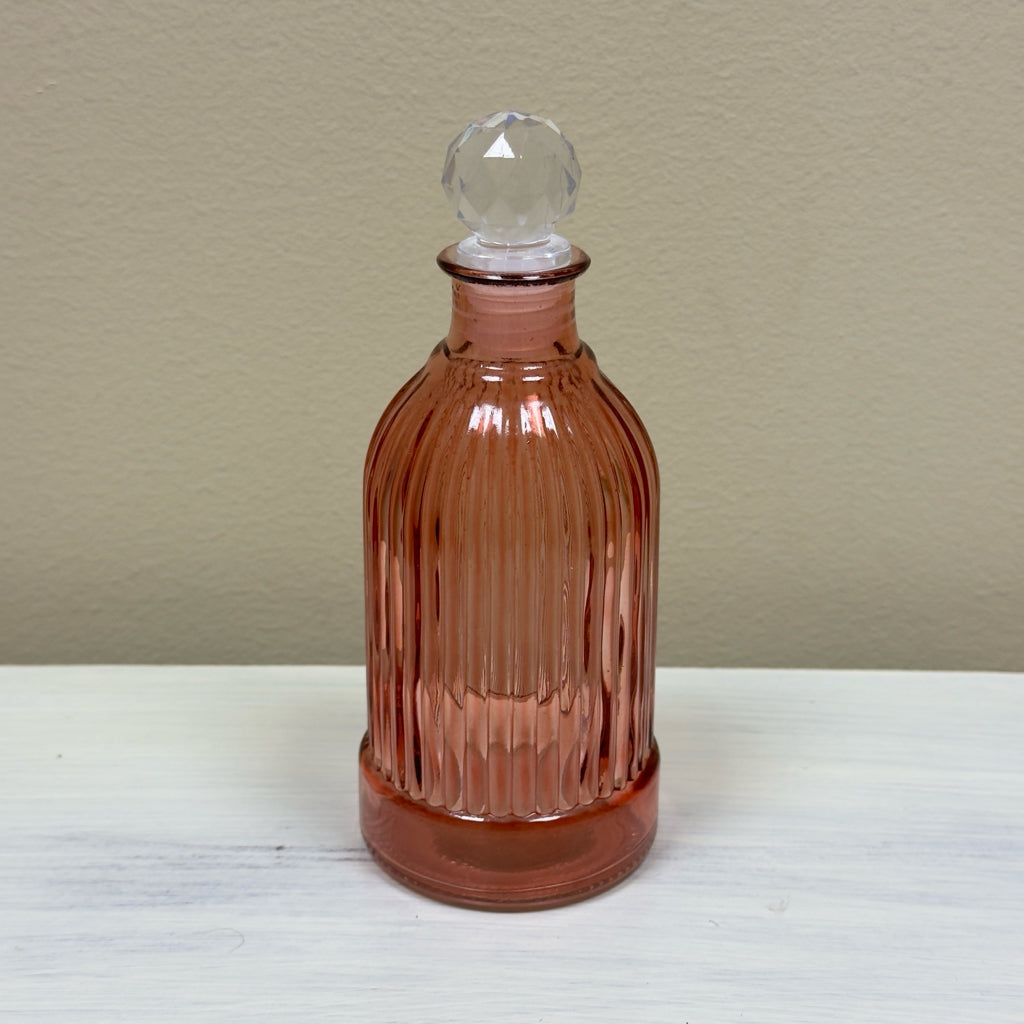 Pink Ribbed Glass Bud Vase w/Decorative Stopper