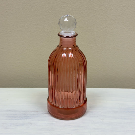 Pink Ribbed Glass Bud Vase w/Decorative Stopper