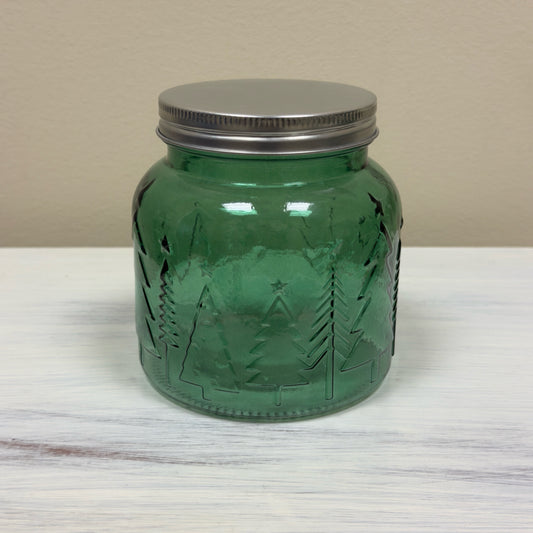Green Christmas Tree Embossed Glass Jar w/Lid
