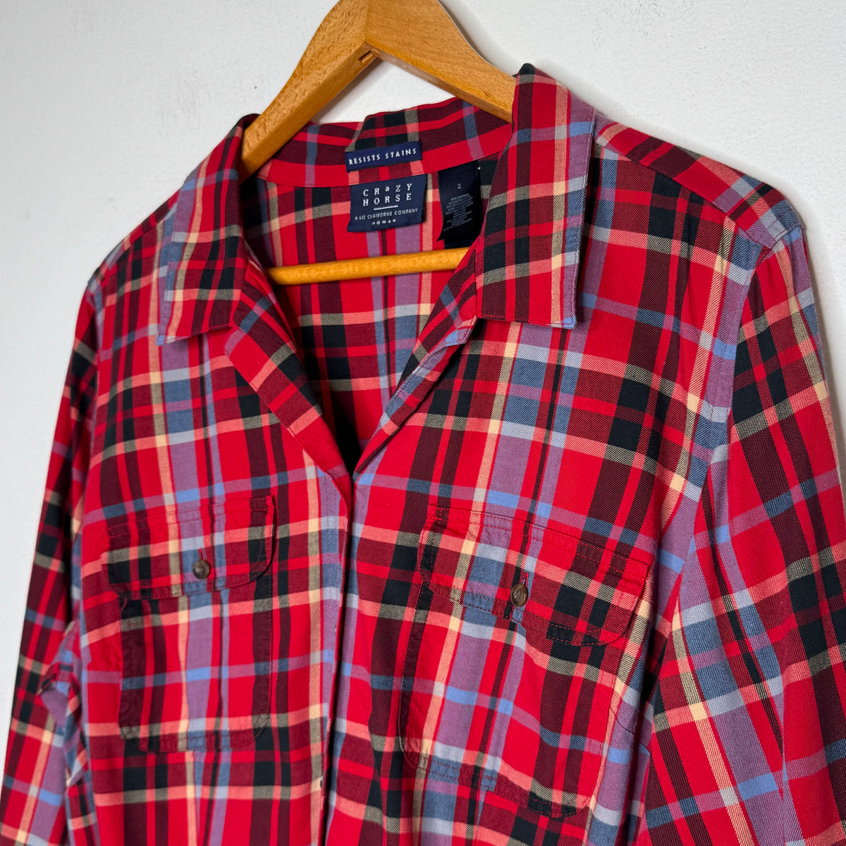 Crazy Horse Plaid Button Front Stain Resistant Top - Size 2X