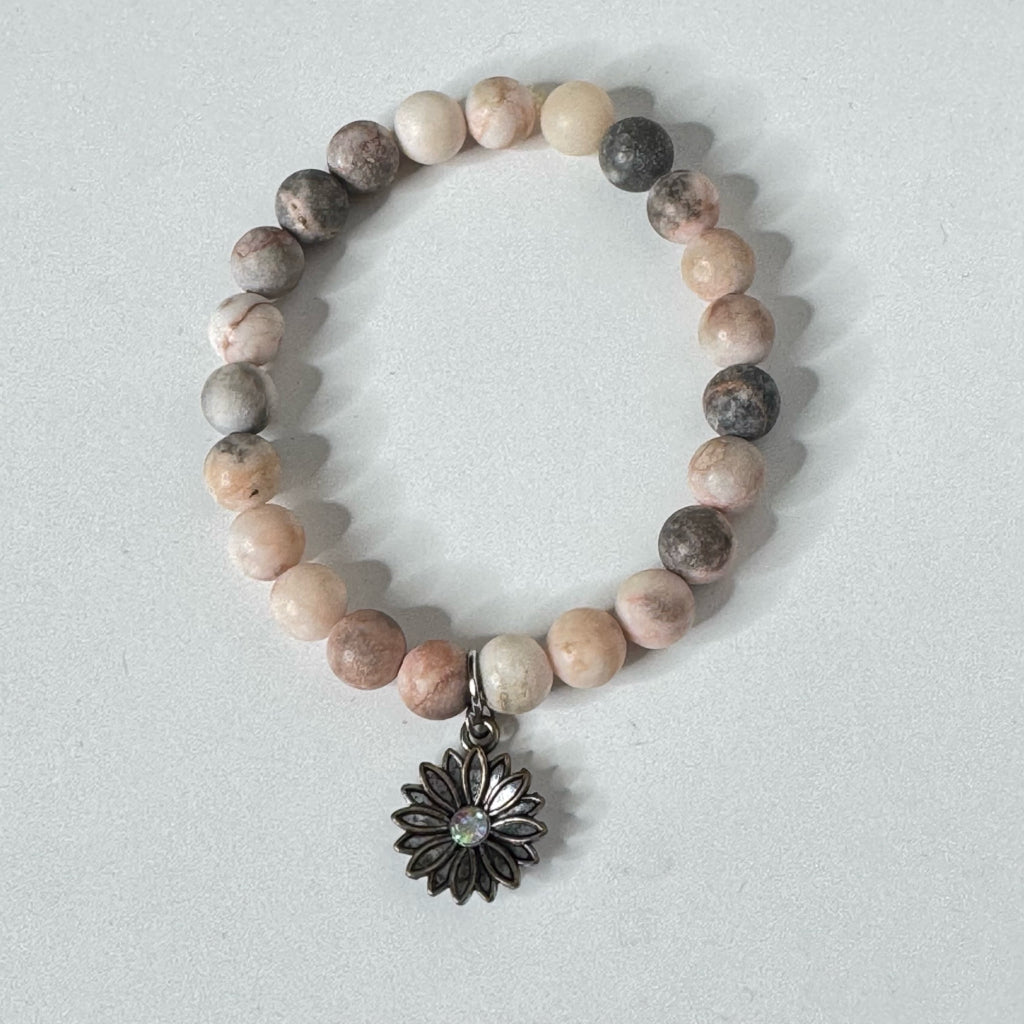 Inga Ann's Pink Zebra Jasper Beaded Bracelet w/Flower Charm