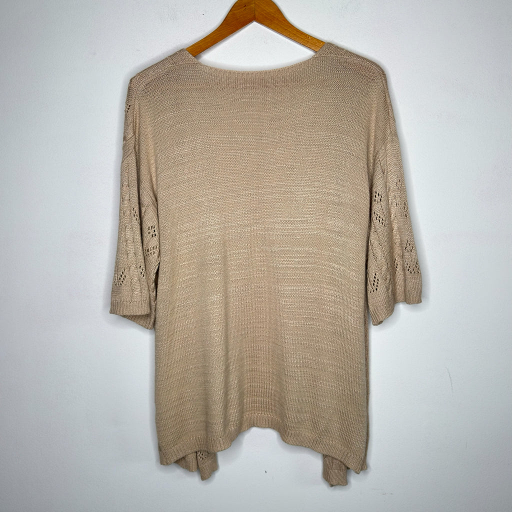 Short Sleeve Beige Cardigan Sweater - Size Large