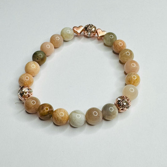 Inga Ann's Beaded Bracelet - Pink Sunstone/Rose Gold Rhondelle/Rose Gold Hearts