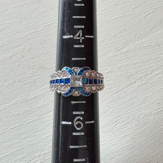 Art Deco Square Ring With Blue Accents - Size 5