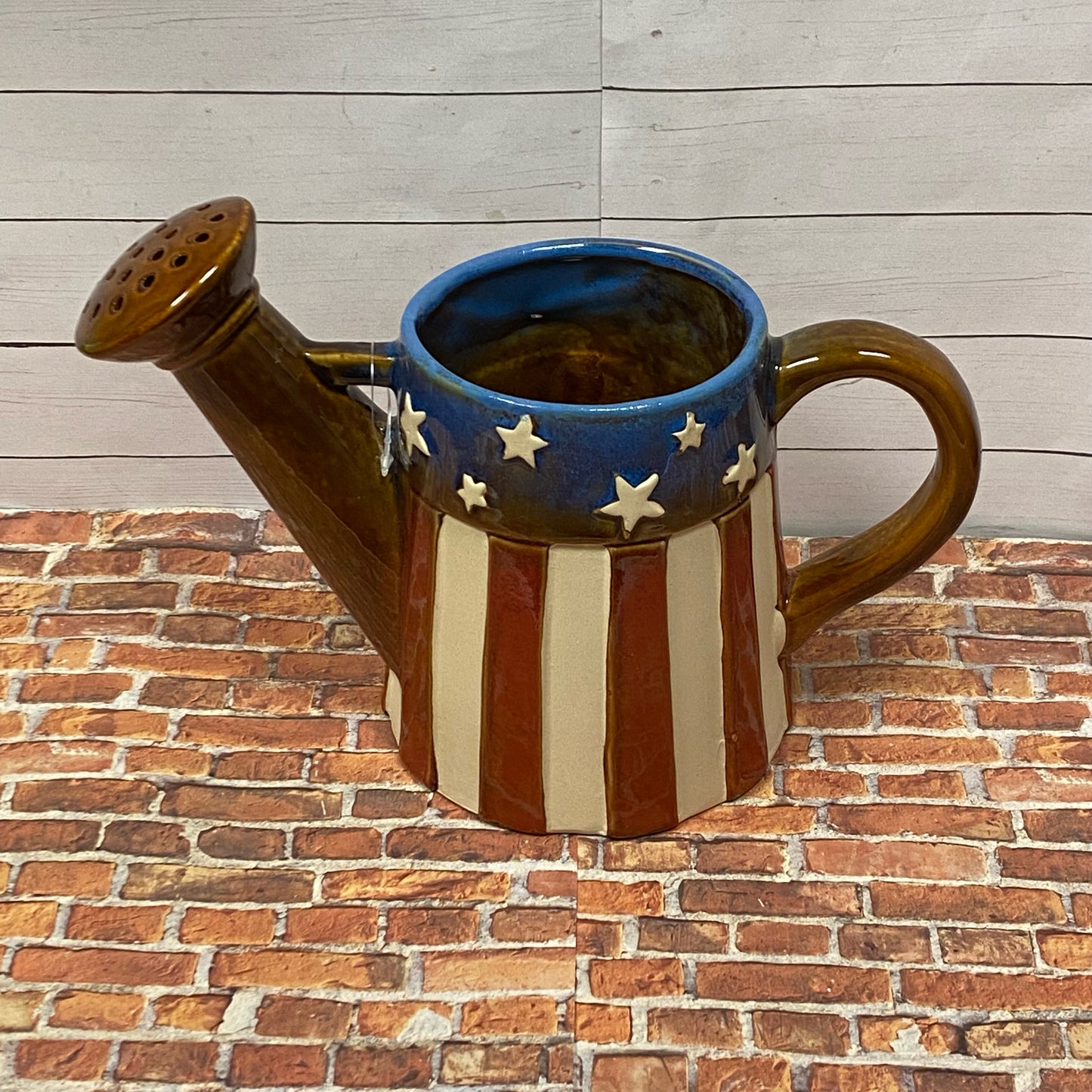 Red, White & Bue Ceramic Watering Can