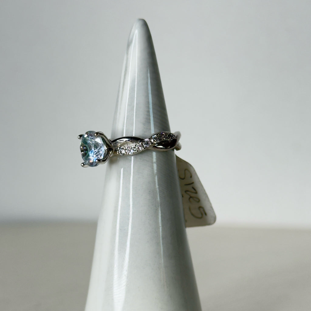 Silver Tone Crystal Infinity Cocktail Ring - Size 5
