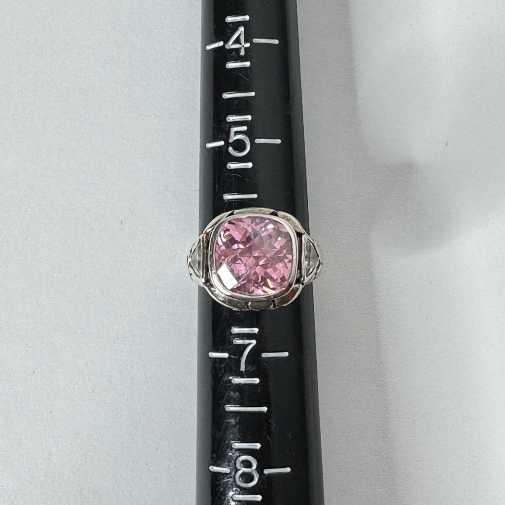 Vintage Sterling Silver Cocktail Ring w/Cushion Cut Pink Stone - Size 6
