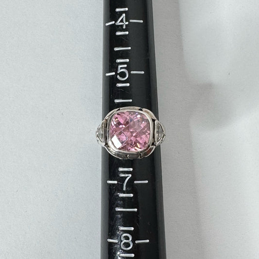 Vintage Sterling Silver Cocktail Ring w/Cushion Cut Pink Stone - Size 6