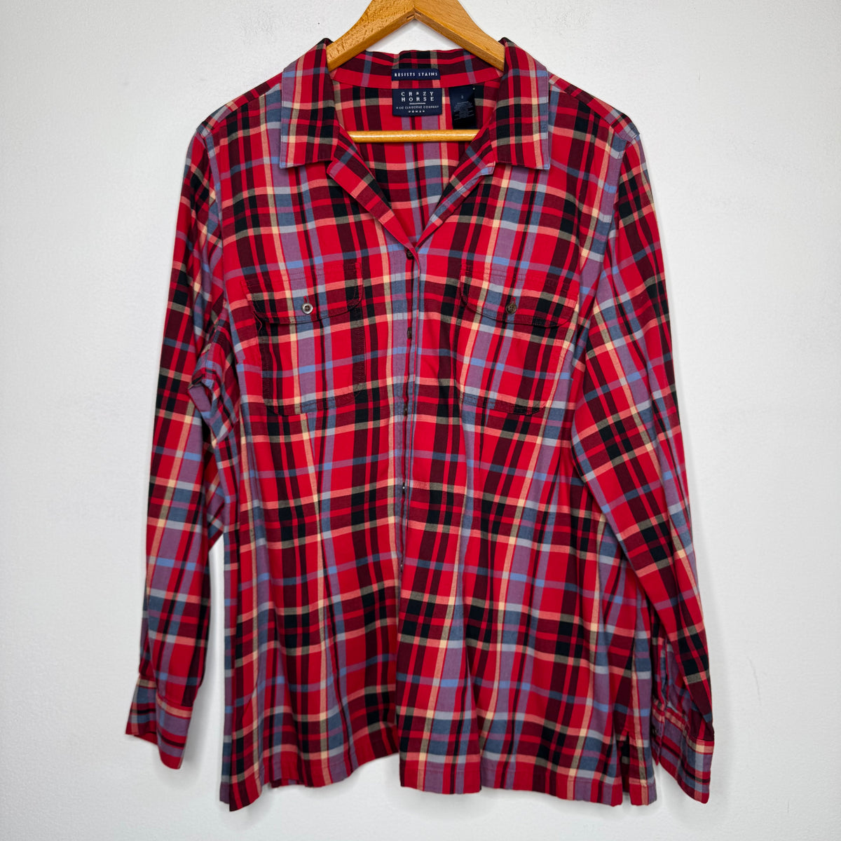 Crazy Horse Plaid Button Front Stain Resistant Top - Size 2X