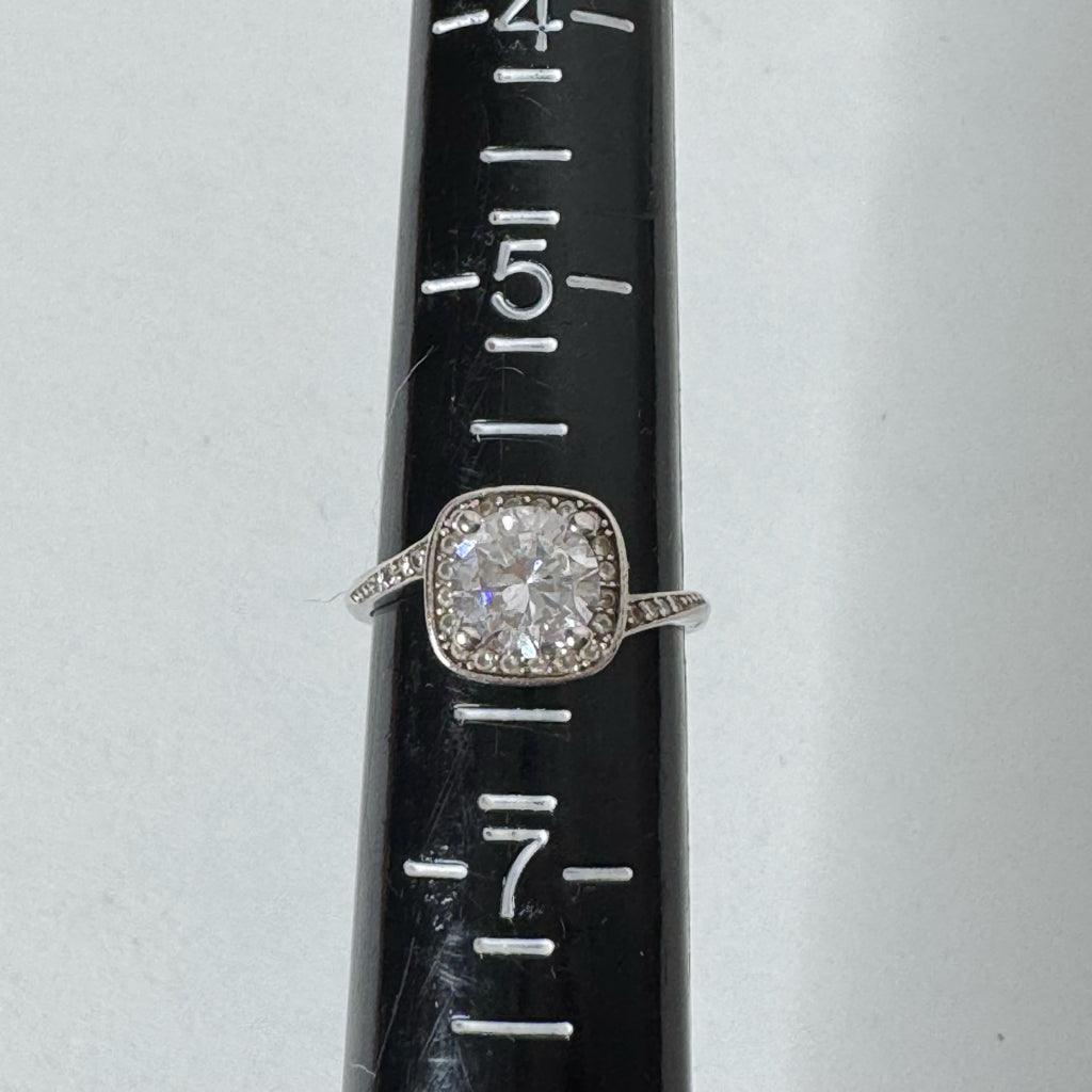 Sterling Silver Cushion Halo Engagement Ring - Size 6