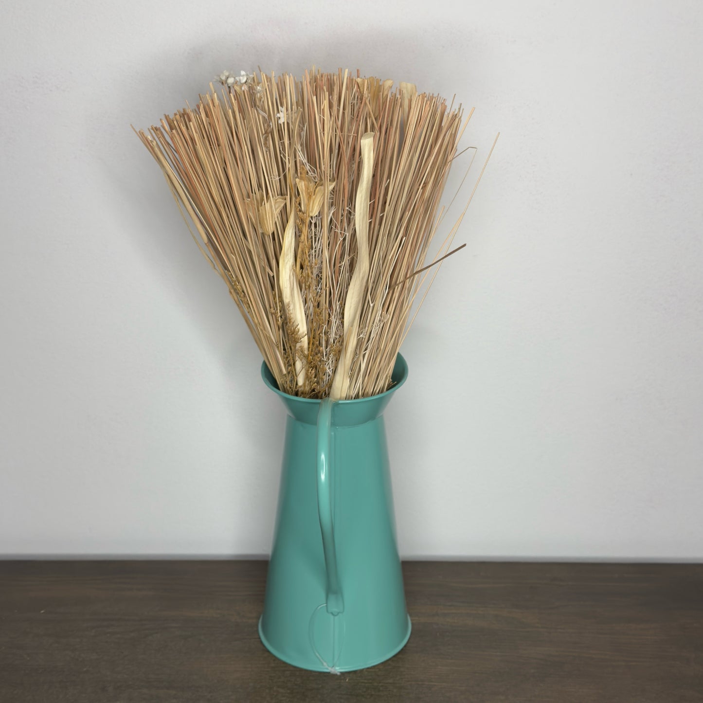 Boho Turquoise Metal Pitcher With Artificial Dried Natural Grass
