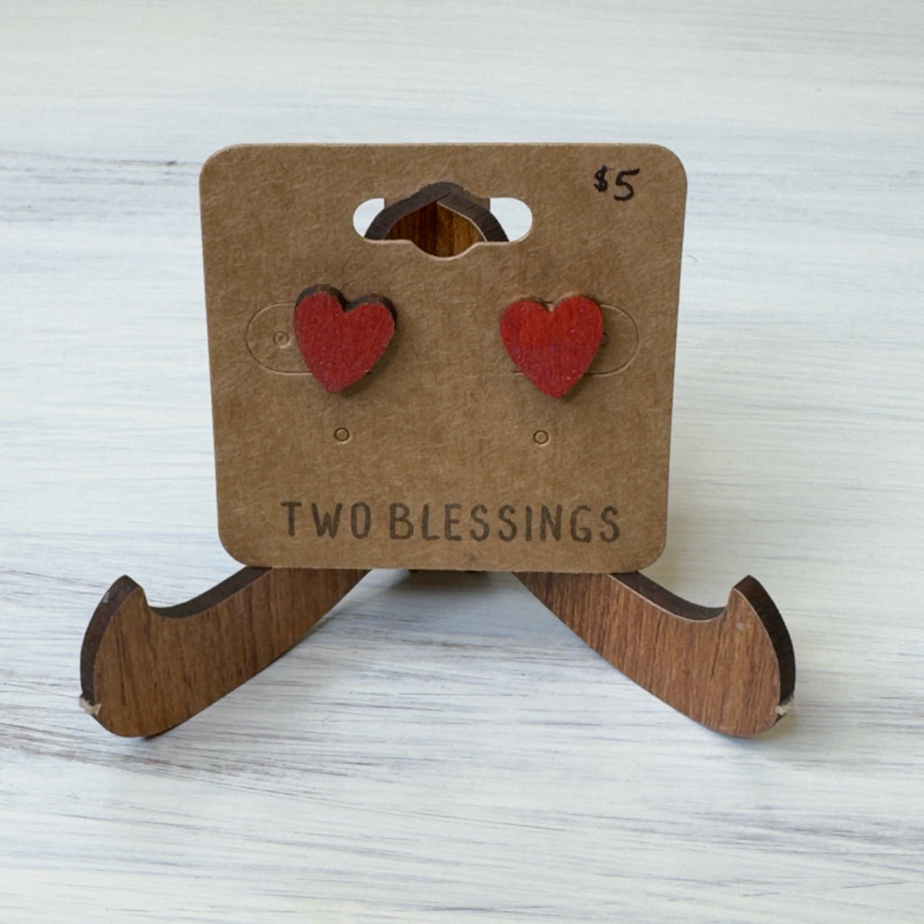 Two Blessings Earrings - Wood Heart - Burgundy