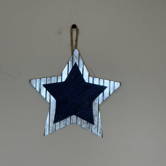 6 1/2" Navy Blue Wood & Metal Hanging Star