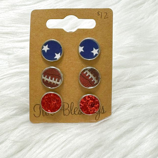 Two Blessings Earrings - 3pk - Football/Blue/Red