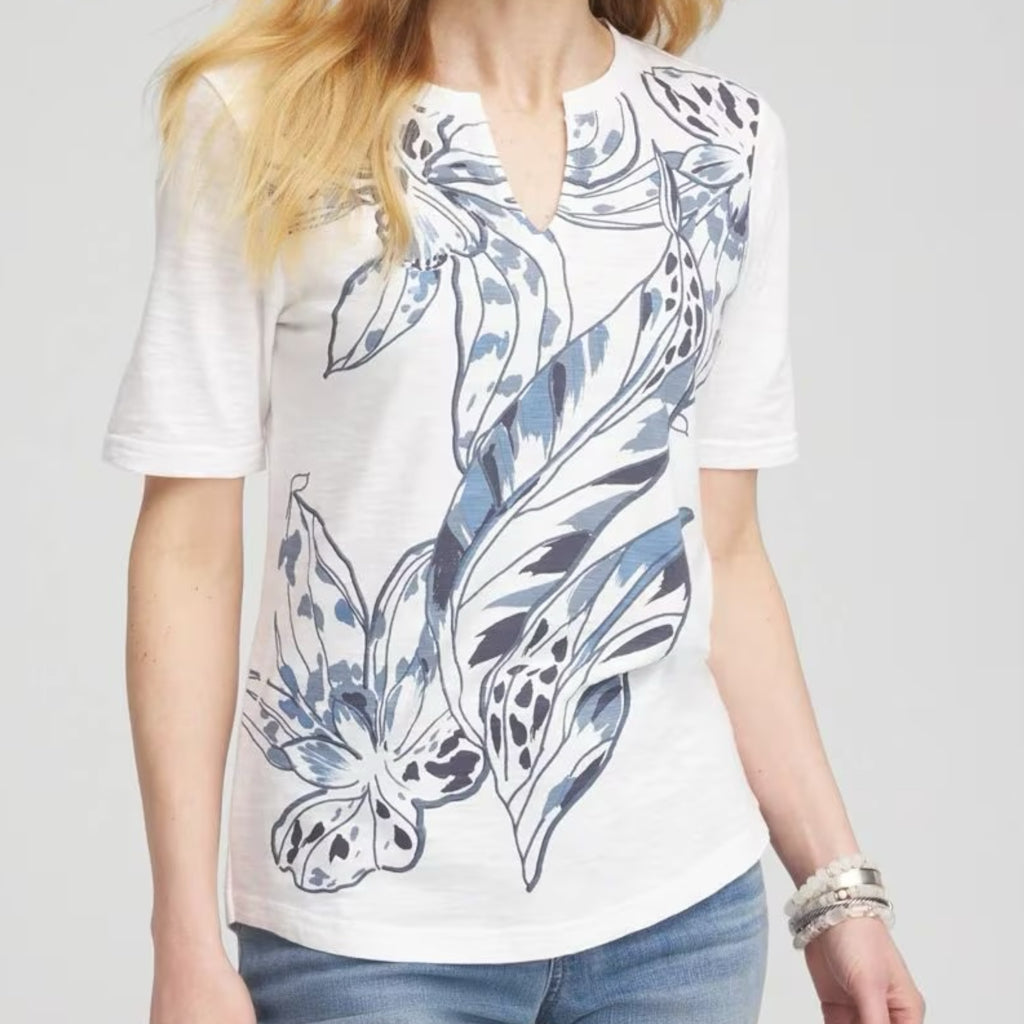 Chico's Floral Notch Neck Tee - Size Large