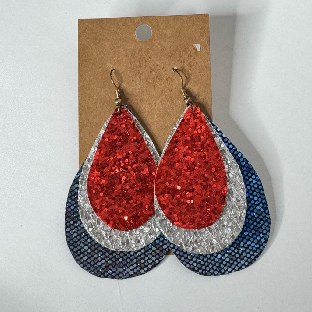 Red Silver & Blue Sparkle Teardrop Earrings