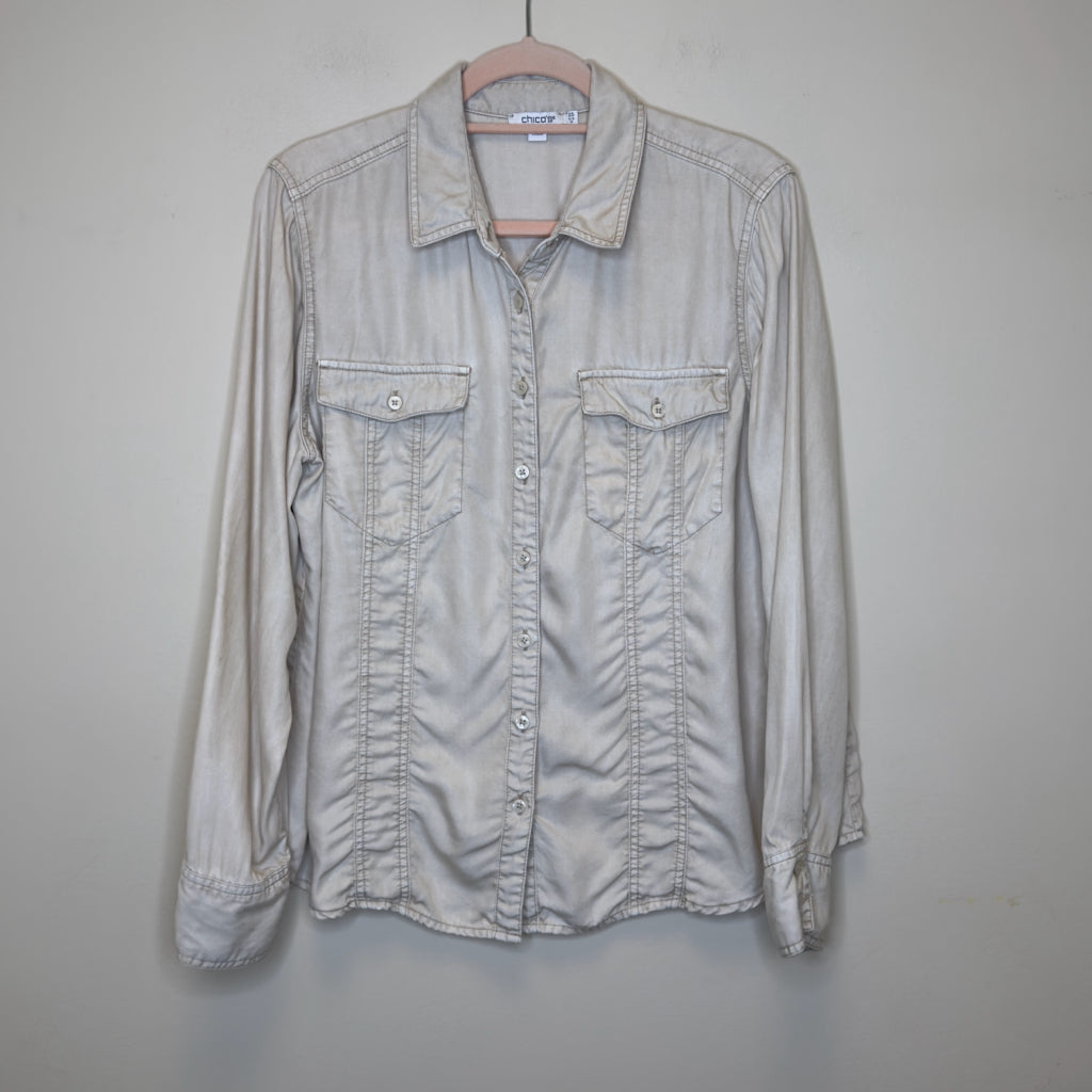Chico's Split Cuff Denim Pocket Shirt - Size Large