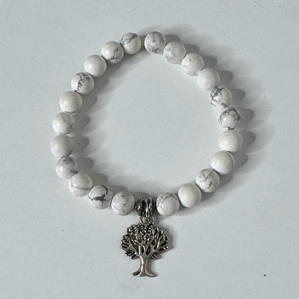 Inga Ann's White Howlite Beaded Bracelet w/Family Tree Charm