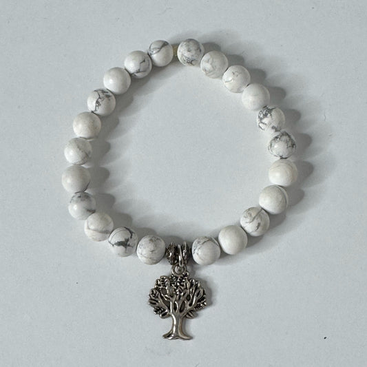 Inga Ann's White Howlite Beaded Bracelet w/Family Tree Charm