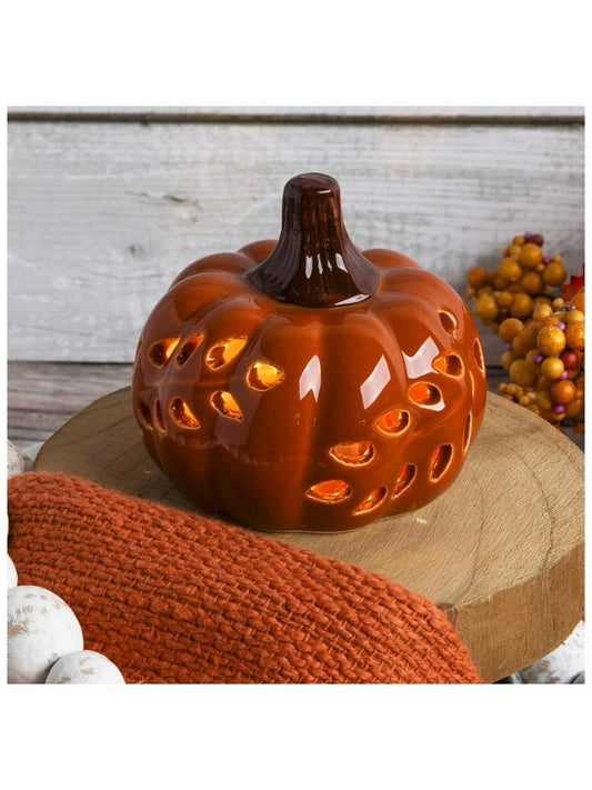 Light Up Cutout Ceramic Pumpkin - Cinnamon