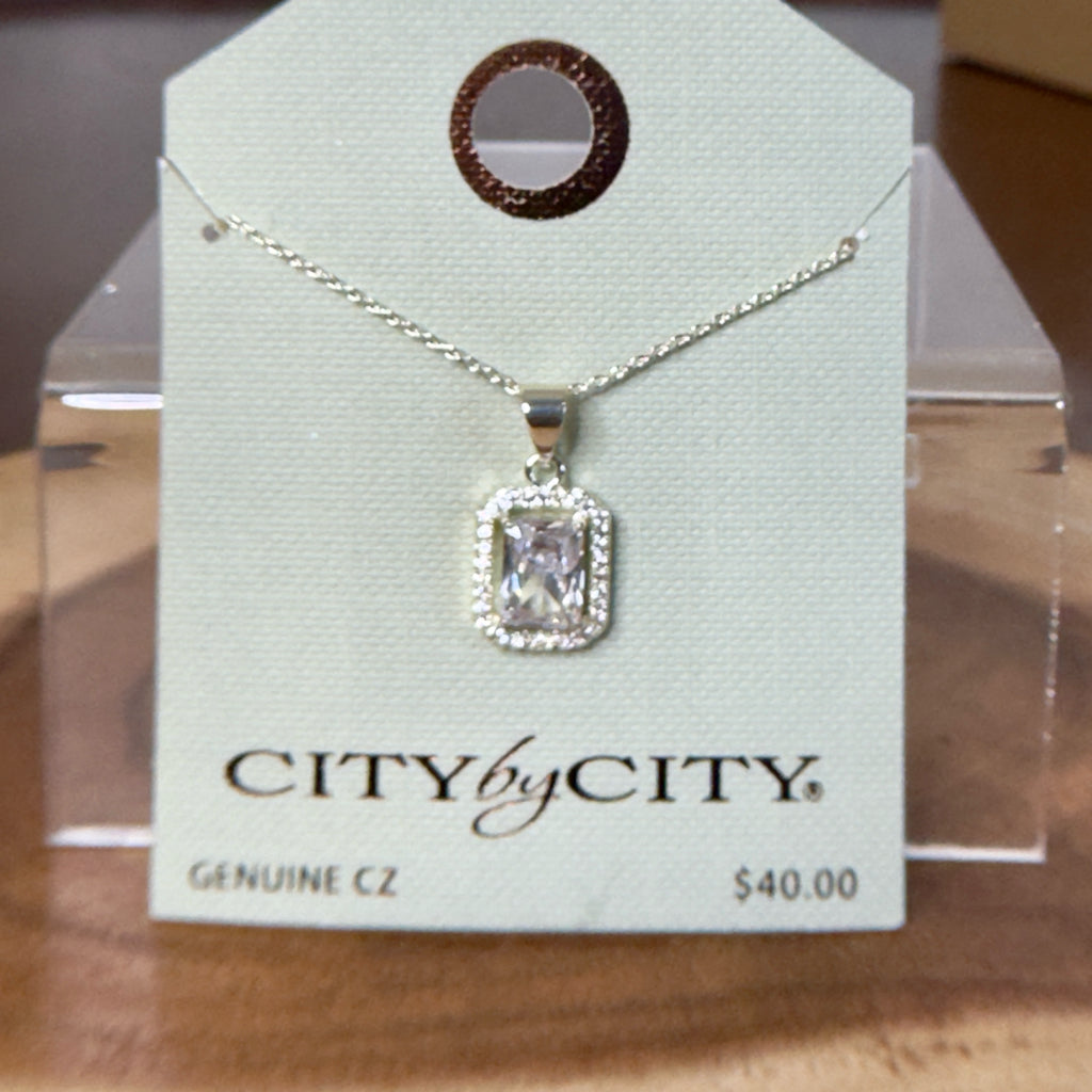 City by City Emerald Cut Cubic Zirconia Halo Pendant Necklace