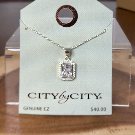 City by City Emerald Cut Cubic Zirconia Halo Pendant Necklace