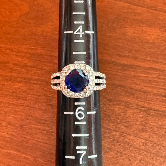 Round Blue Sapphire Halo Ring With Split Shank - Size 5
