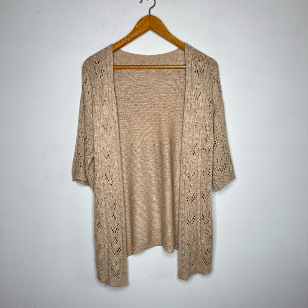 Short Sleeve Beige Cardigan Sweater - Size Large