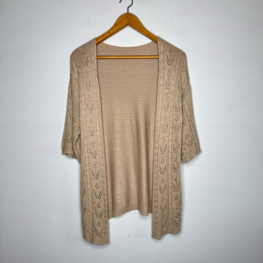 Short Sleeve Beige Cardigan Sweater - Size Large