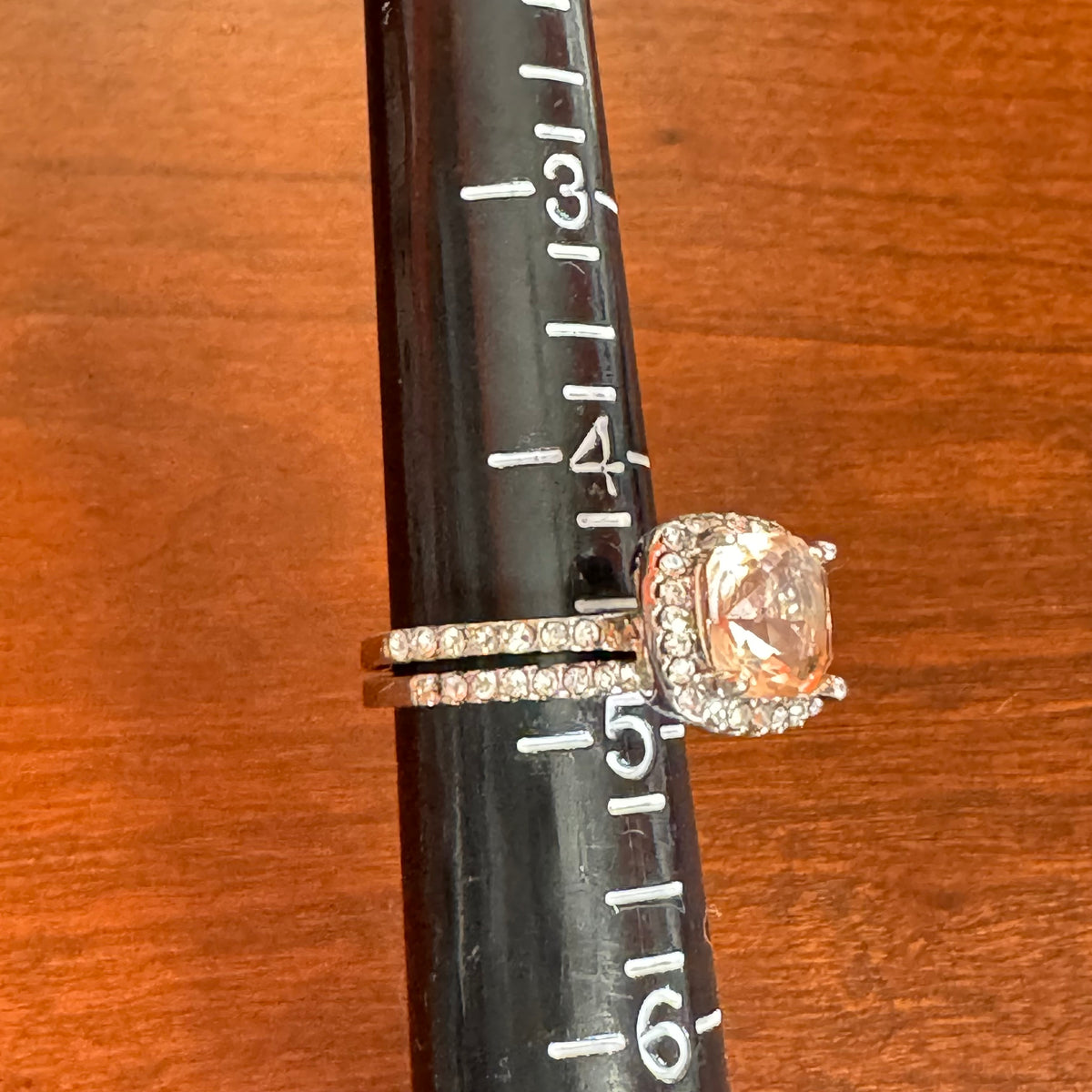 Vintage Inspired Peachy-Champagne Cushion Cut Halo Ring & Band - Size 5