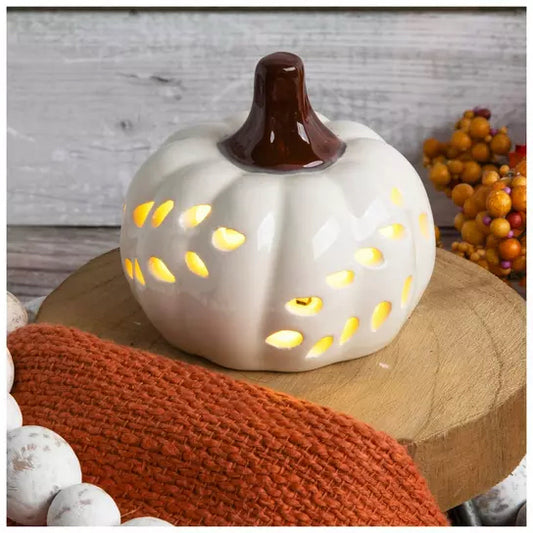 Light Up Cutout Ceramic Pumpkin - White