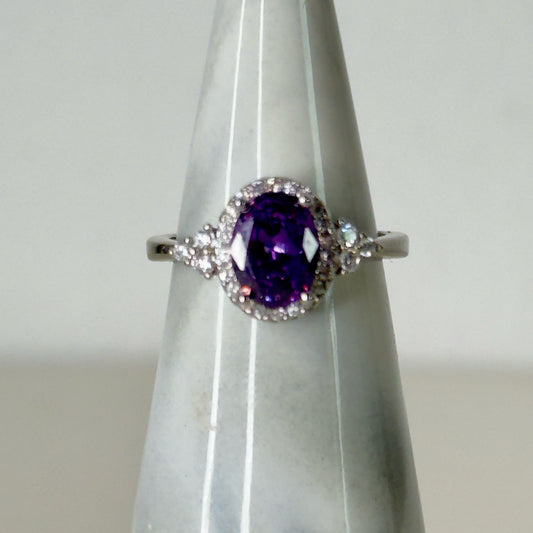 Deep Purple Oval Halo Statement Ring - Size 5