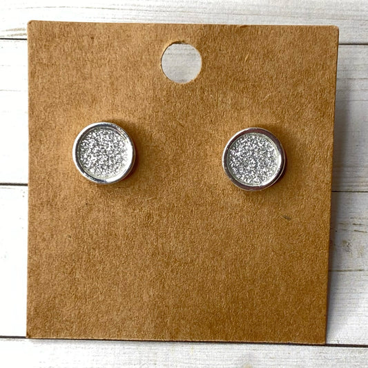 Silver Glitter Round Post Earrings