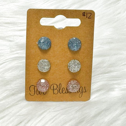 Two Blessings Earrings - 3pk - Blue/Silver/Pink