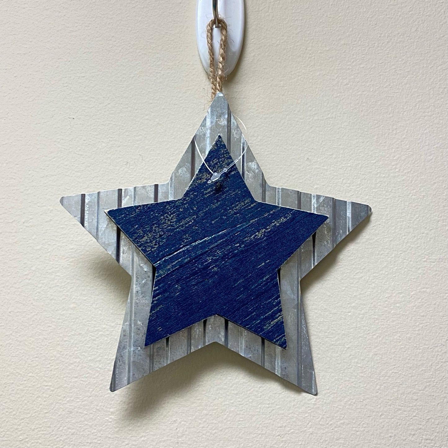 6 1/2" Navy Blue Wood & Metal Hanging Star