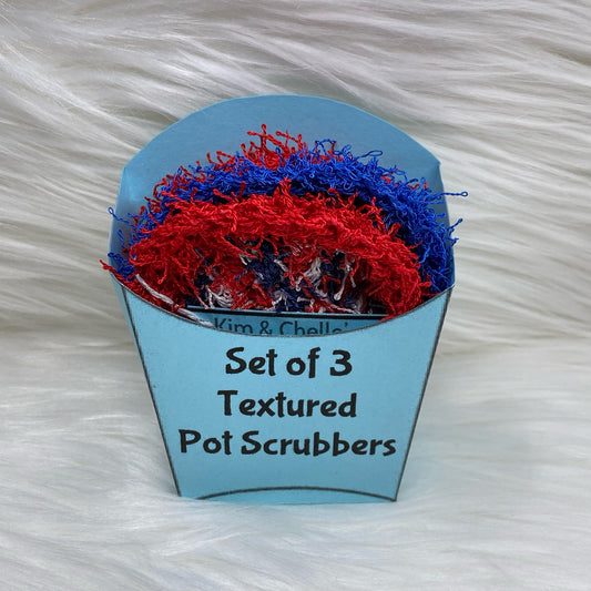 3 Textured Pot Scrubbers - Red/White/Blue