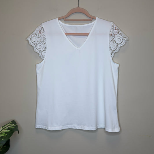 White Lace Short Sleeve Top - Size Medium