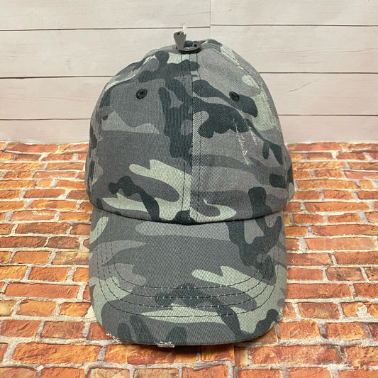 Distressed Gray & Black Camo Ponytail Ball Cap