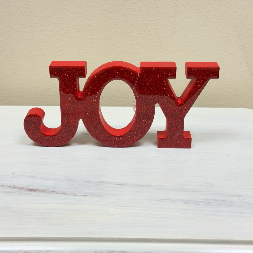 Red Joy Sparkly Wood Decor