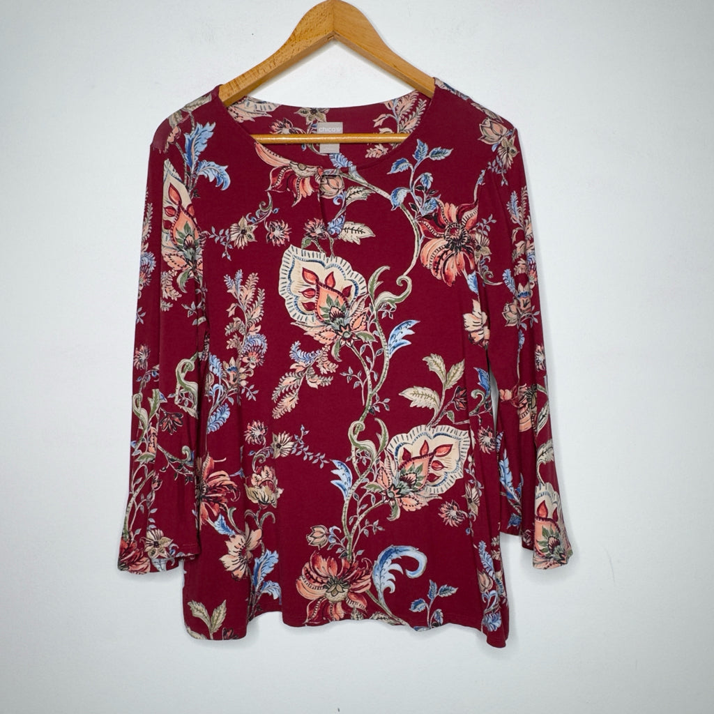 Chico's Floral Print 3/4 Bell Sleeve Top - Size Large