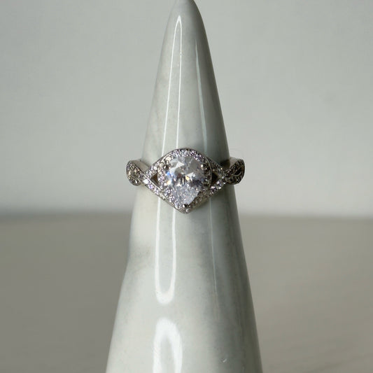Pear Cut Halo Engagement Ring With Twisted Infinity Split Shank Band - Size 5