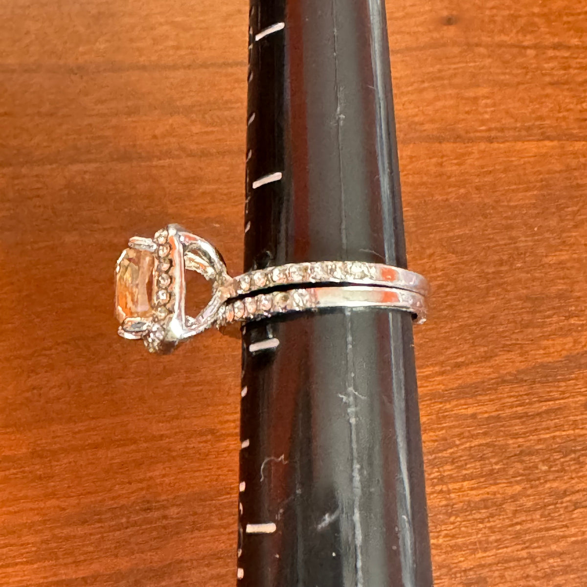 Vintage Inspired Peachy-Champagne Cushion Cut Halo Ring & Band - Size 5