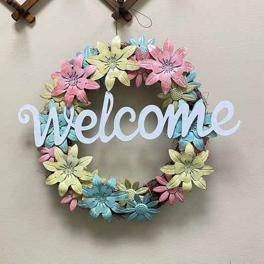 Welcome Wreath w/Pastel Metal Flowers