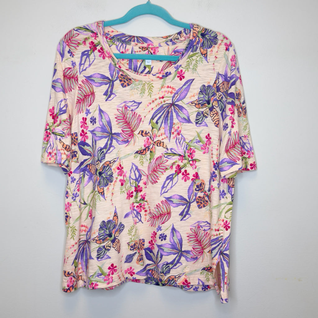 Chico's Tropical Floral Elbow Sleeve Tee - Size Large