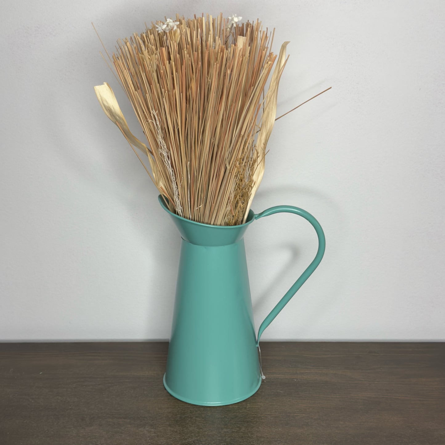 Boho Turquoise Metal Pitcher With Artificial Dried Natural Grass