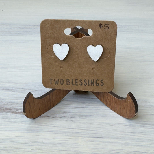 Two Blessings Earrings - Wood Heart - White