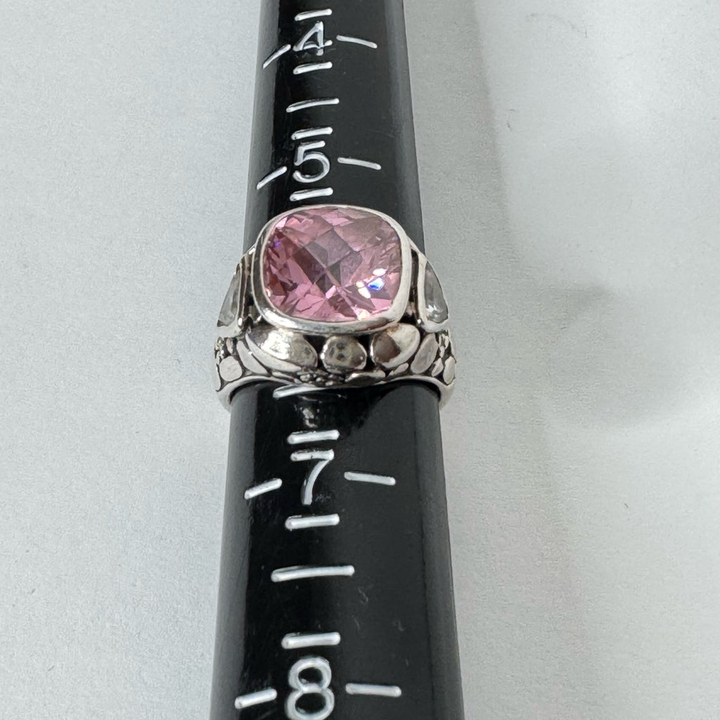 Vintage Sterling Silver Cocktail Ring w/Cushion Cut Pink Stone - Size 6